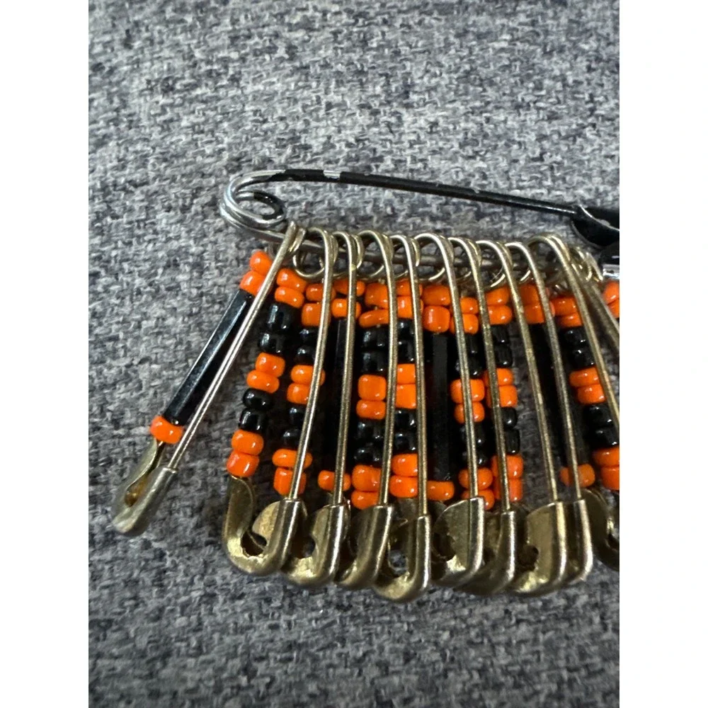 VTG 80s Friendship Beaded Safety Pin Brooch Orange Black Punk Gothic Halloween